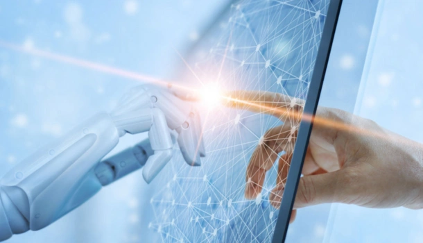 A robotic hand and a human hand reach toward each other through a digital touchscreen