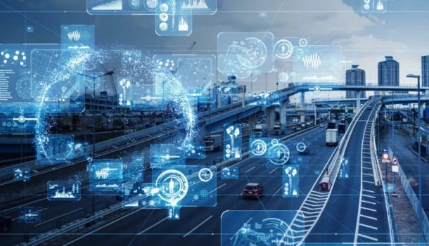 Smart city highway with overlay of artificial intelligence and data icons
