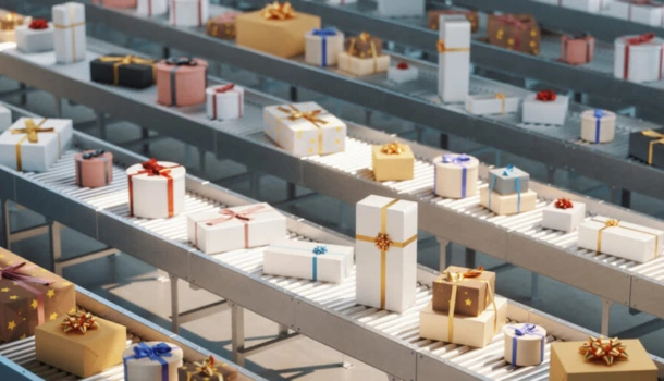 Rows of conveyor belts filled with wrapped Christmas presents moving through a logistics warehouse