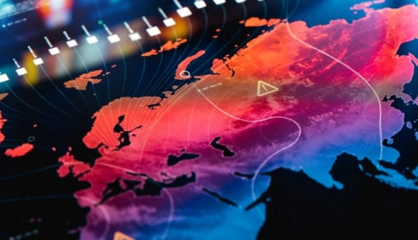 A digitally rendered heat map of Europe and parts of Asia highlights climate patterns and weather alerts