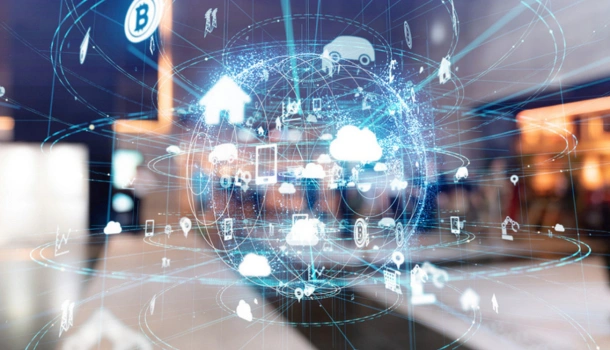 Digital representation of a cloud-based transport management system with interconnected icons such as trucks, clouds, and GPS