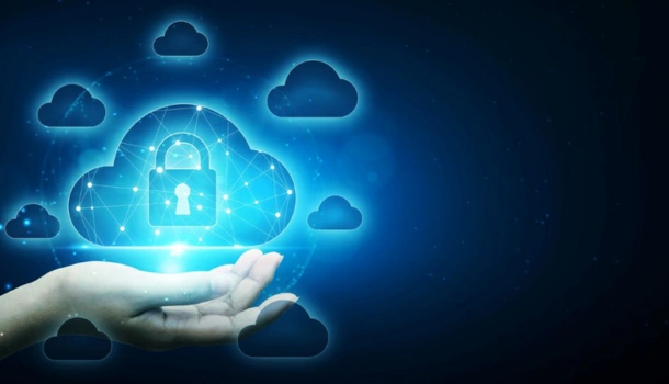 A glowing cloud icon with a lock symbol hovers above an open hand against a dark background