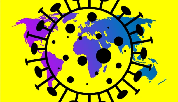 Stylized illustration of a world map overlaid with a graphic representation of the coronavirus