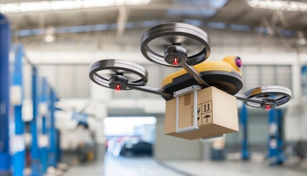 A drone carrying a cardboard package in a warehouse setting