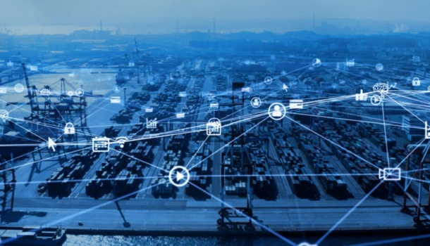 A digitally enhanced image of a busy shipping port with containers and cranes, overlaid with connected digital icons