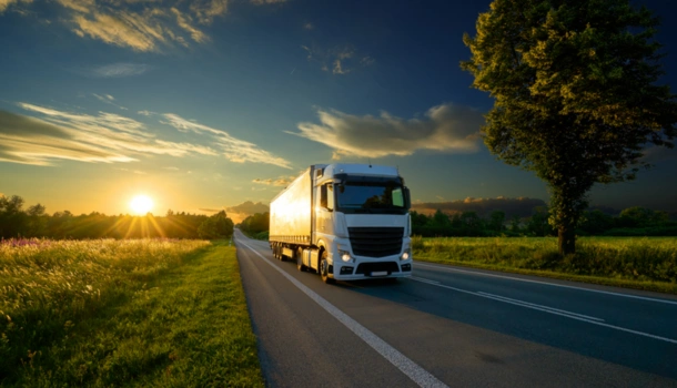 A large white truck driving down a rural road at sunset