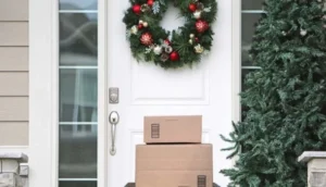 A stack of cardboard delivery boxes sits on a doorstep decorated with a festive Christmas wreath