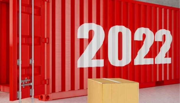A red shipping container with "2022" printed in large white numbers