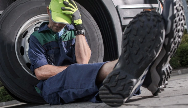 Tired truck driver in uniform sitting on the ground next to a large truck tire