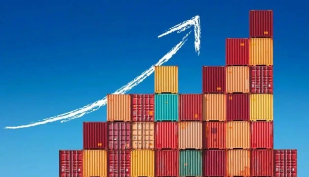 Stacked colorful shipping containers form a rising structure with a white upward arrow drawn above