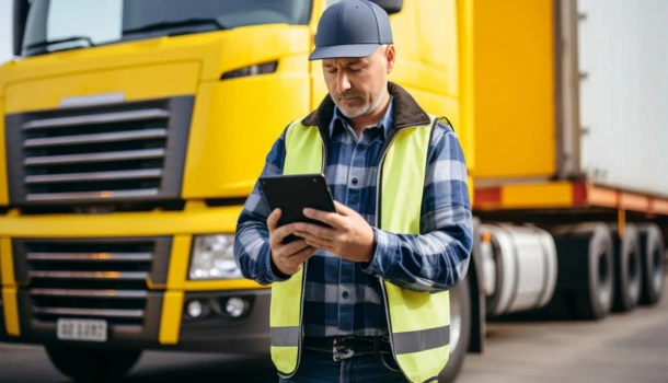Logistics worker in high-visibility vest using a tablet in front of a large yellow freight truck
