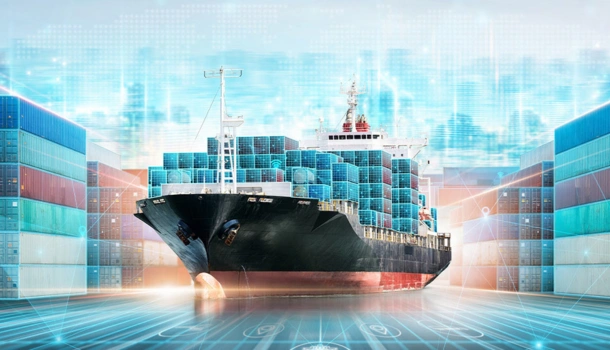 A large cargo ship loaded with colorful shipping containers is docked at a port, surrounded by digital overlays representing cloud-based technology and data integration