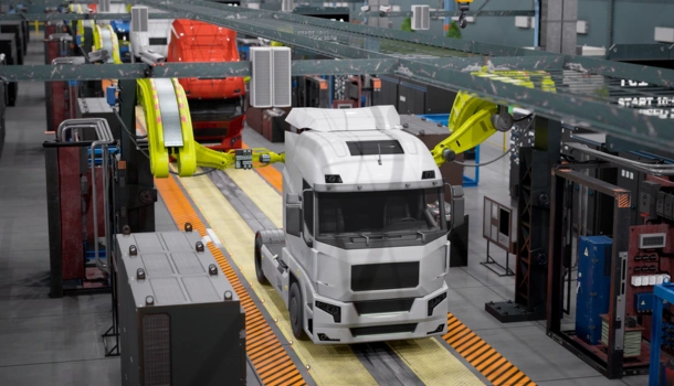 Robotic arms assemble trucks on a modern production line inside a manufacturing facility