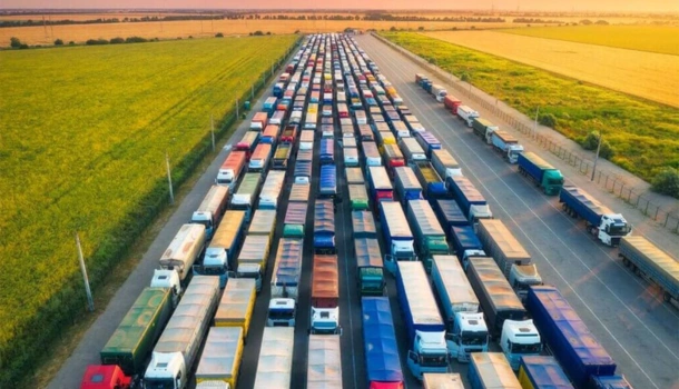 Aerial view of hundreds of cargo trucks lined up in rows between farmland fields